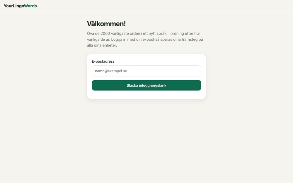 YourLingoWords startsida med rubriken Välkommen och ett formulär för att logga in med en länk via e-post.